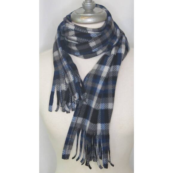 Flannel Plaid Long Scarf Fringe  68" Length Blue Black Fall Winter Warm and Soft - Picture 1 of 6